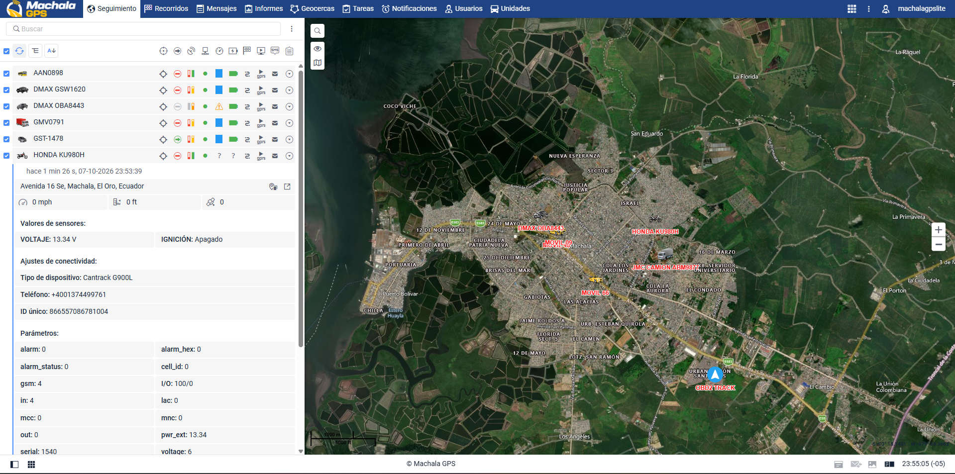 Plataforma de rastreo de Machala GPS mostrando vehículos monitoreados en el mapa